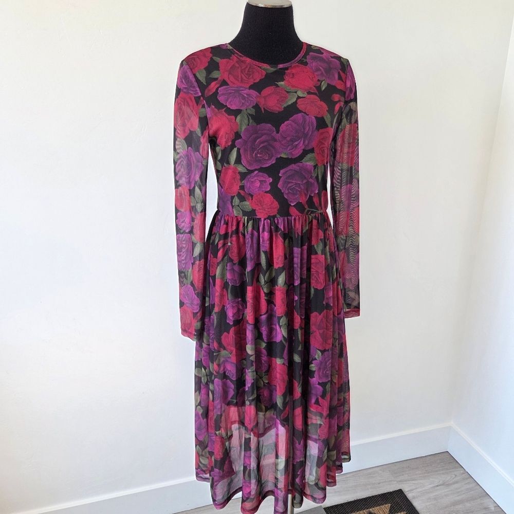 Sheer Mesh Floral Midi Dress Whimsygoth Romantic Feminine Witchy Vamp Small